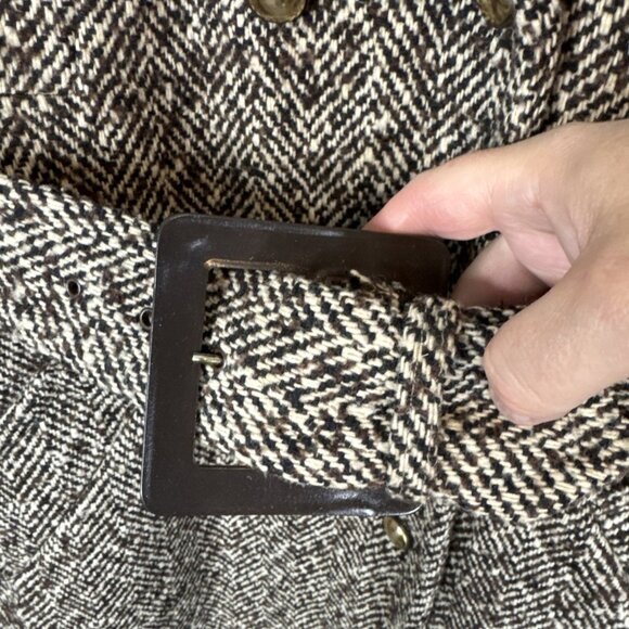 Vintage Marielle Fleury Wool Tweed Coat Faux Shearling Trim Belted Women 12 60s - Picture 4 of 9